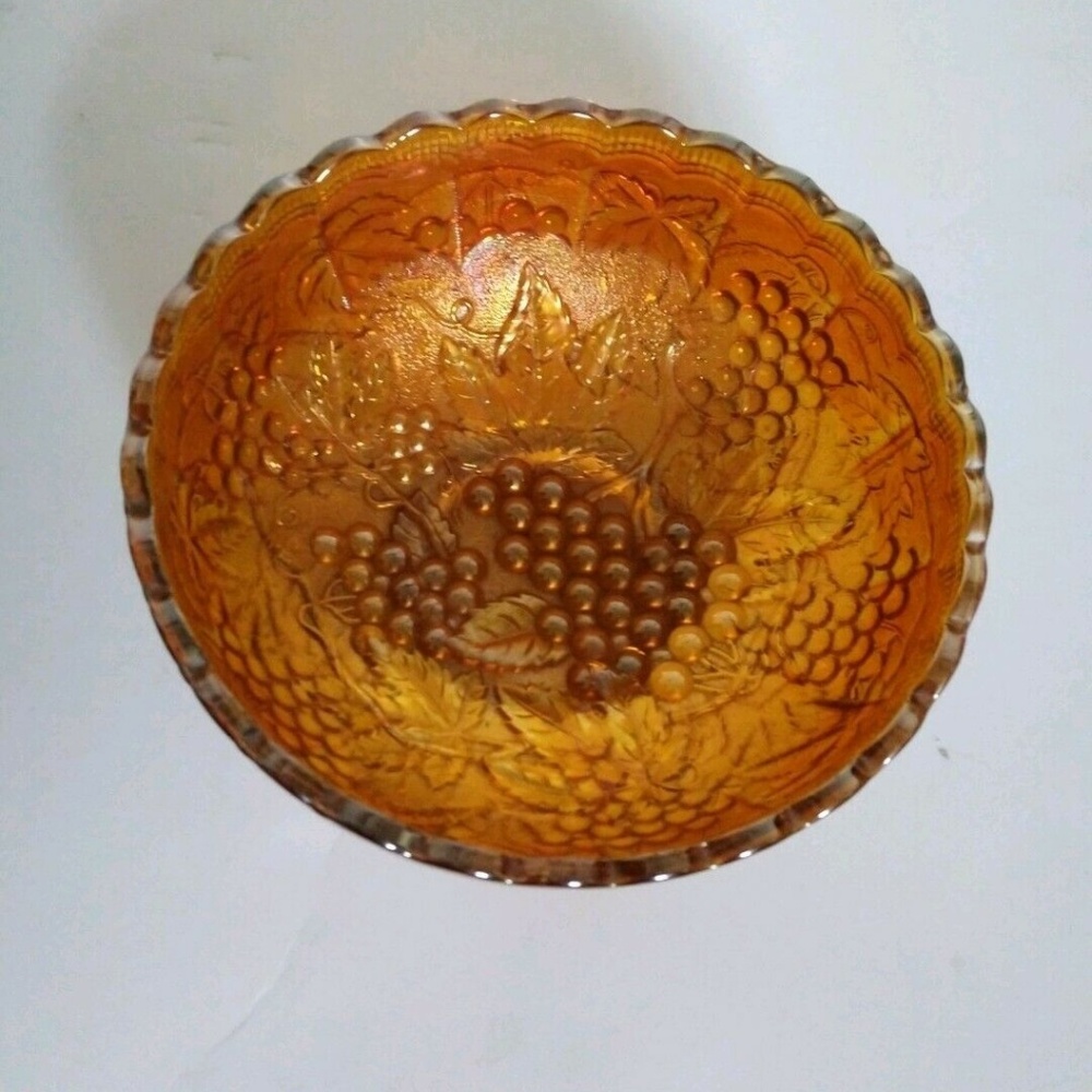 FENTON Carnival  Glass Orange Bowl Grape & Leaf